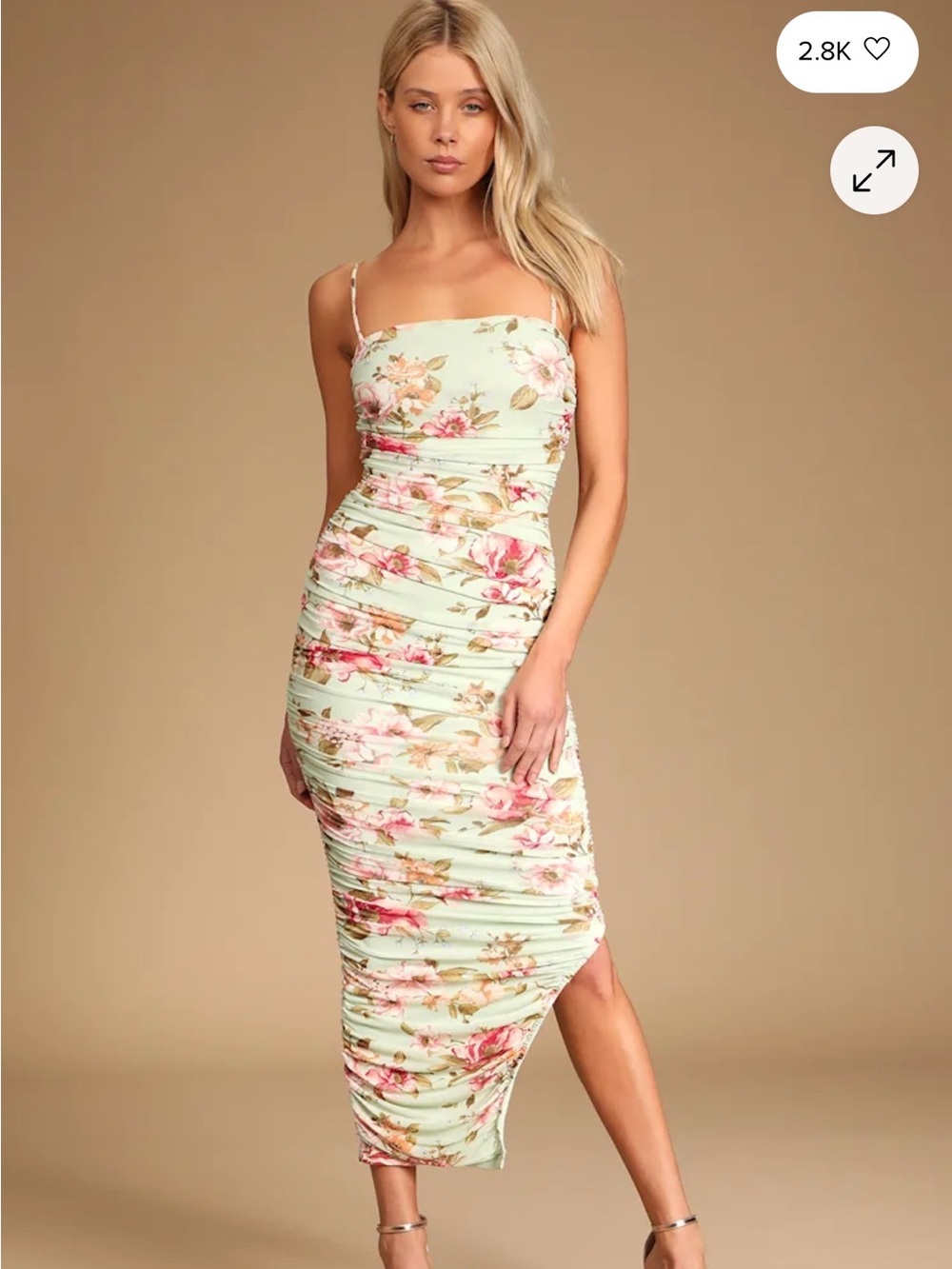 Lulus Stun and Only Sage Floral Print Ruched Mesh Bodycon Midi Dress